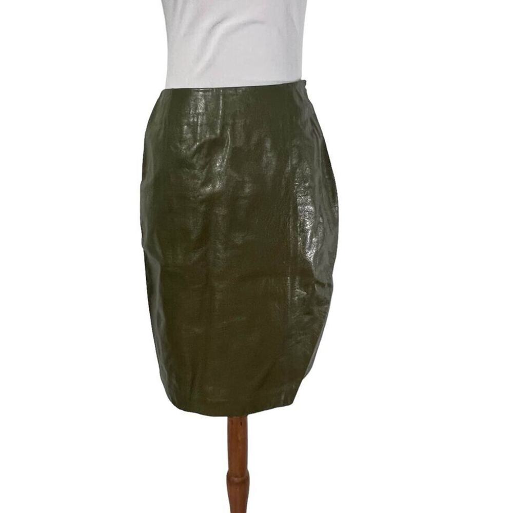 Vintage 80s Linda Allard for Ellen Tracy Olive Green Leather skirt 4 Petite - Picture 7 of 8